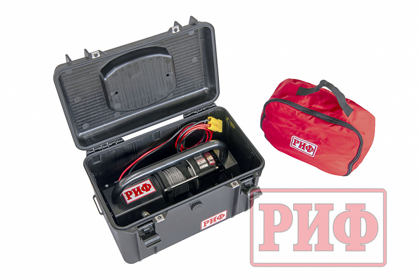 Лебёдка для квадроциклов и снегоходов переносная РИФ \ RUNVA 3500ASR c малой площадкой и проводами, синтетический трос (в защитном кейсе)