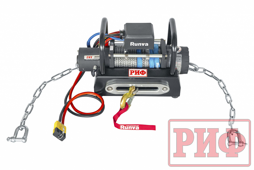 Лебёдка автомобильная переносная РИФ \ Runva 8000SR c площадкой на цепях и проводами (синтетический трос)