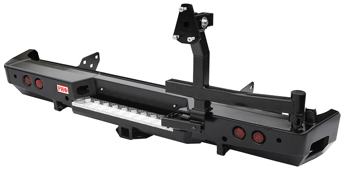 Бампер задний силовой Toyota Tundra 2007+ с квадратом под фаркоп, калиткой и фонарями