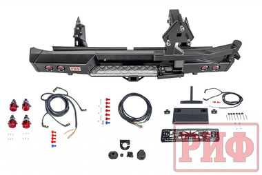 Бампер РИФ силовой задний Mitsubishi L200 2019+ с квадратом под фаркоп, калиткой, фонарями, подсветкой номера