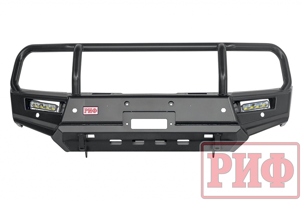 Бампер РИФ силовой передний Mitsubishi Pajero Sport 2015+ с доп. фарами (арт. B0205), защитной дугой, защитой бачка омывателя, под парктроник