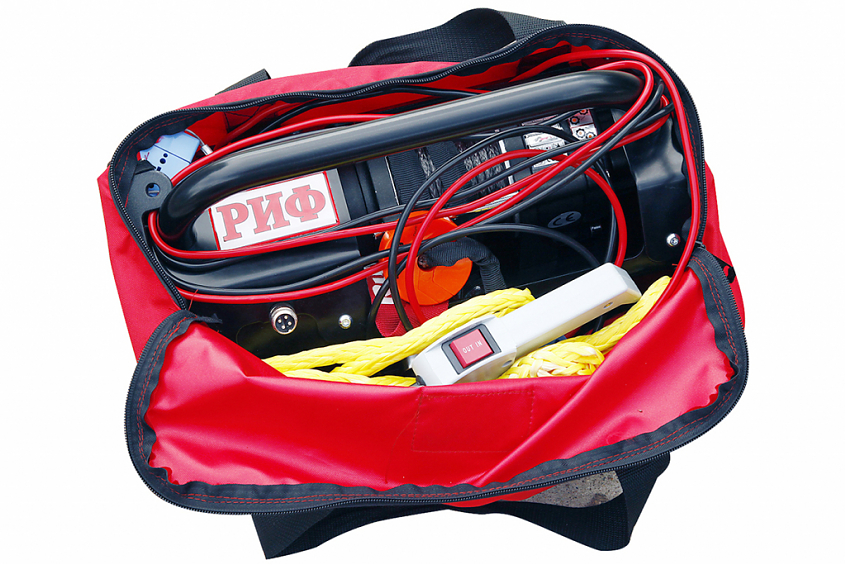 Лебёдка переносная для квадроциклов и снегоходов РИФ \ RUNVA 3500ASR c малой площадкой и проводами в сборе, синтетический трос