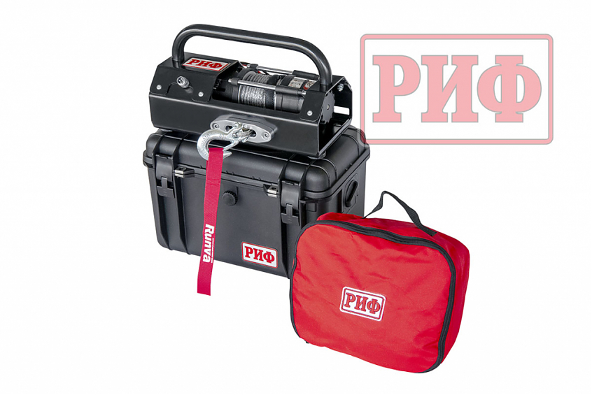 Лебёдка переносная для квадроциклов и снегоходов РИФ \ RUNVA 2500ASR c малой площадкой и проводами, синтетический трос (в защитном кейсе)