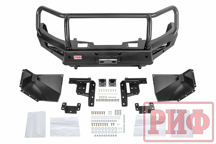 Бампер РИФ силовой передний Mitsubishi Pajero Sport 2015+ с доп. фарами (арт. B0205), защитной дугой, защитой бачка омывателя, под парктроник