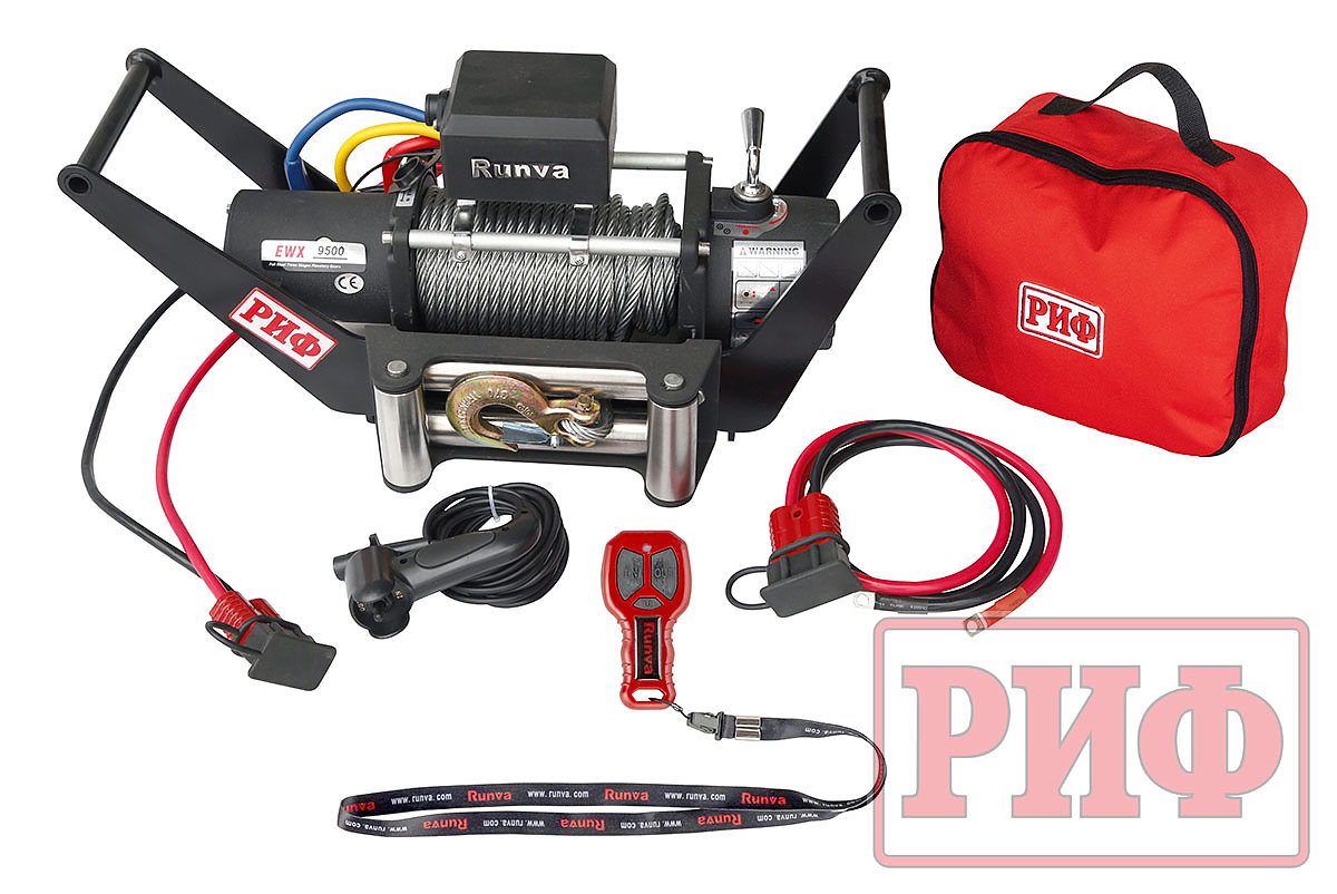 Лебёдка переносная РИФ 9500 c площадкой в квадрат для фаркопа и проводами (в сборе)