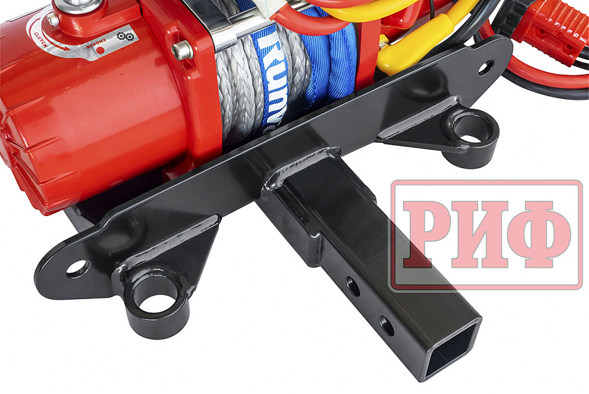 Лебёдка переносная РИФ 9.5XSR c квадратом для фаркопа и проводами в сборе, короткий барабан, синтетический трос (облегченная)