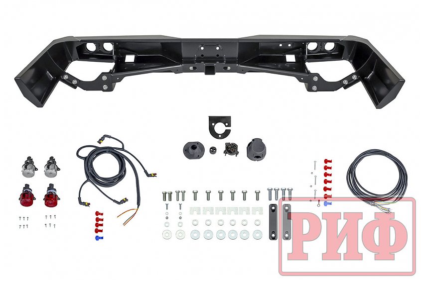 Бампер силовой задний РИФ для Toyota Land Cruiser 76 2007+ с квадратом под фаркоп и фонарями