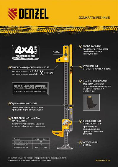Домкрат реечный профессиональный, 3,5 т, 150 см, High Jack Denzel