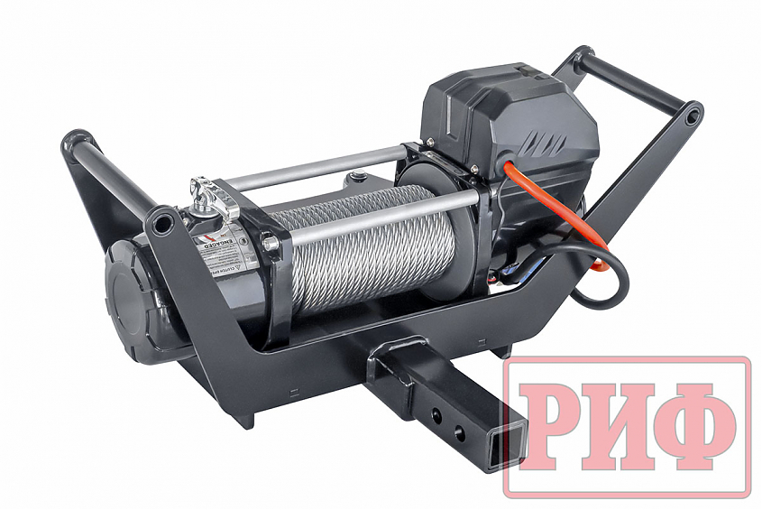 Лебёдка переносная РИФ 9000 c площадкой в квадрат для фаркопа и проводами (в сборе) стальной трос