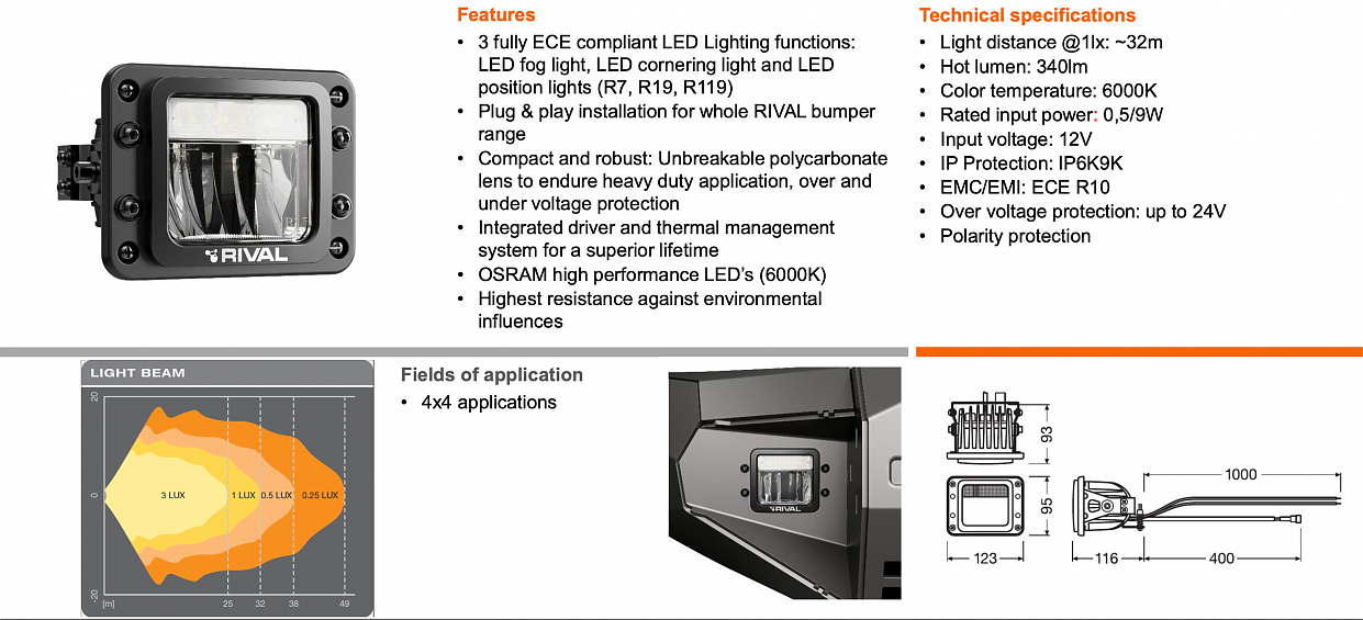 Передние LED фонари Osram для силовых бамперов Rival, ближний, противотуманный свет, ходовые огни (комплект 2шт.)